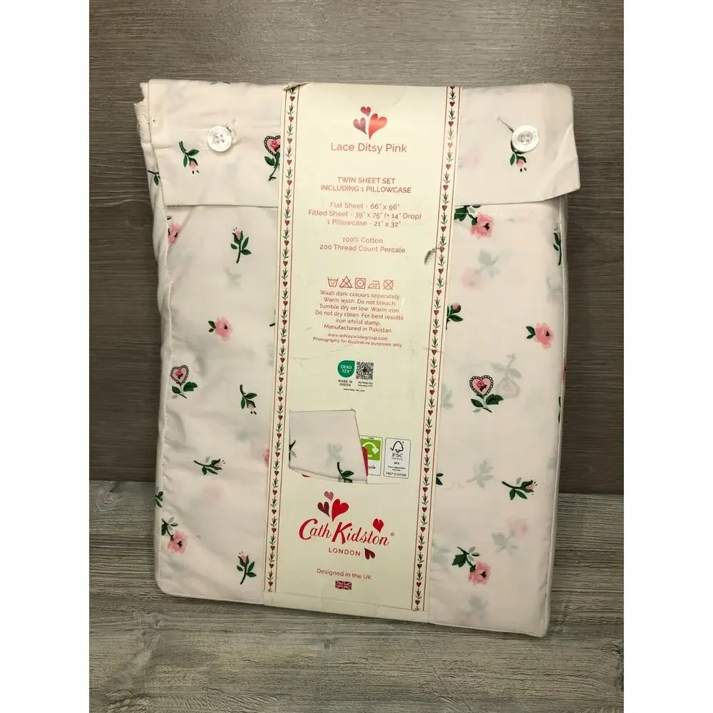 Cath Kidston Twin Size Lace Ditsy Pink Floral Sheet Set 3 Pc 100% Cotton Percale